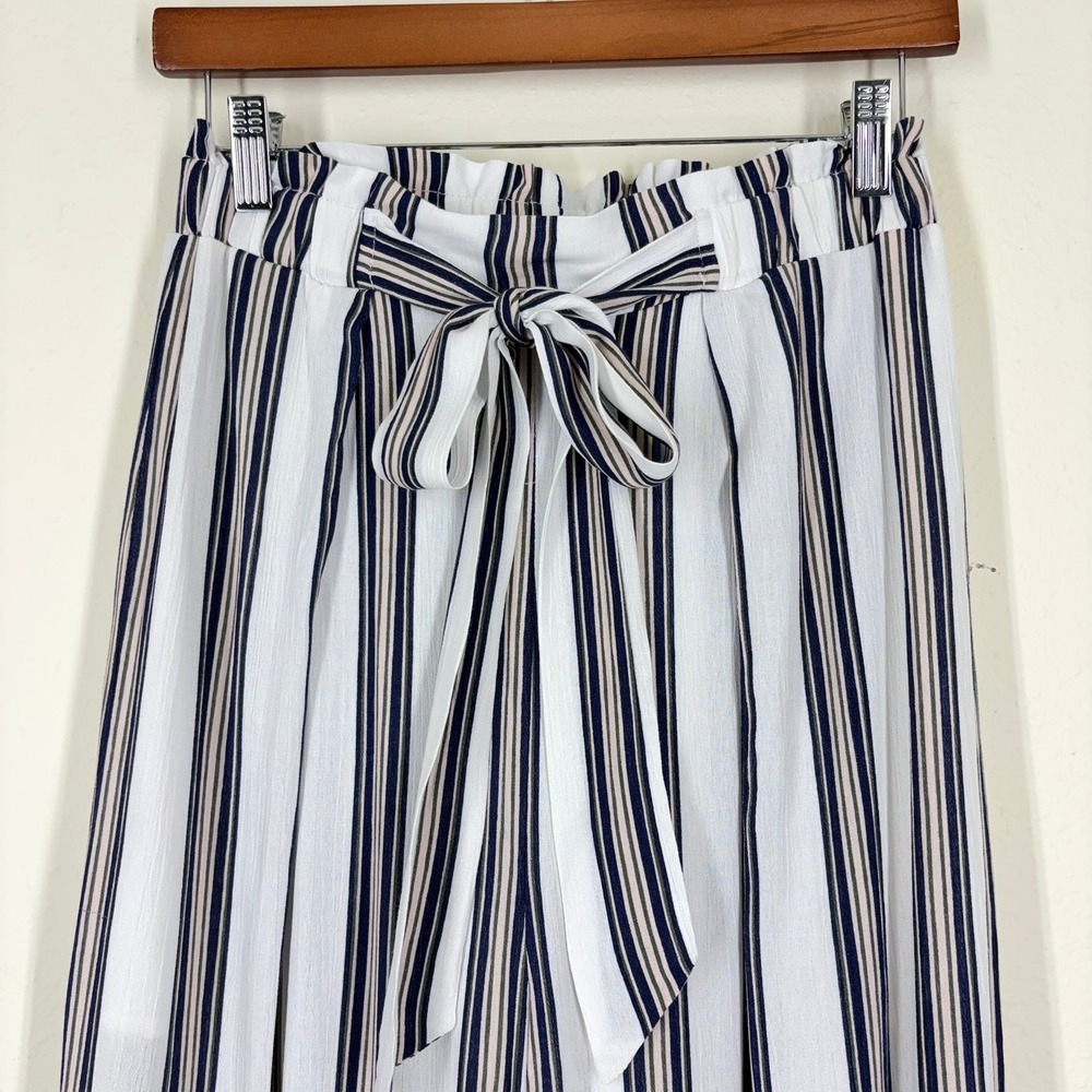 Simplee Women Wide Leg Palazzo Pants Size M Blue Striped High Rise Front Slit - Picture 5 of 13